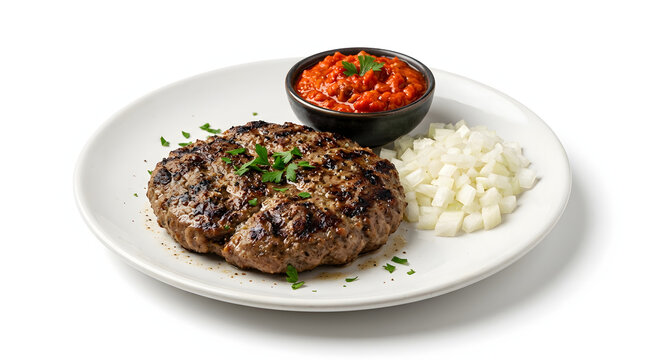 Grilled Bosnian Pljeskavica meat patty with ajvar, isolated on white background. Perfect for restaurant and fast food menus