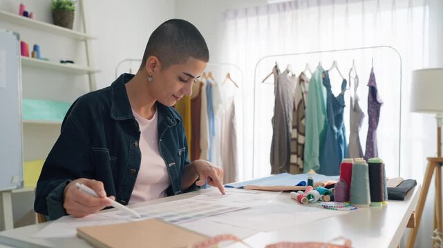 Caucasian young woman working as fashion designer in tailor studio. 