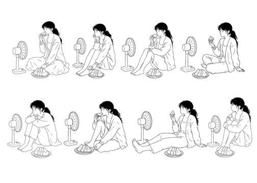 Summer Girl Eating Watermelon Pose Set Line Art Illustration