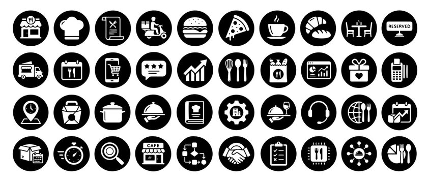 Restaurant and food service set featuring chef hats, menu, delivery, pizza, coffee, and dining symbols arranged in black circular buttons