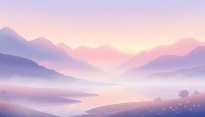 Obraz premium Minimalist mountain landscape with calm lake and soft misty hills at sunrise
