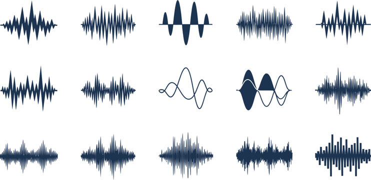 Sound wave patterns illustrate various audio frequency amplitudes and rhythmic signal oscillations in a dark set.