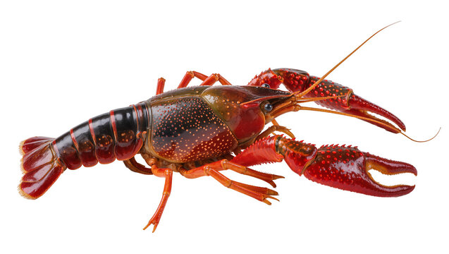 Red crawfish with large claws and segmented tail