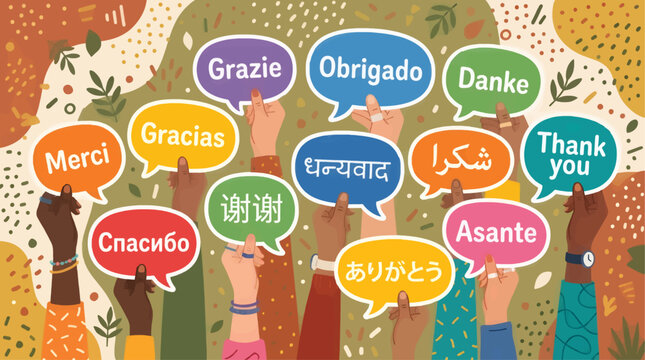 Diverse Hands Holding Speech Bubbles with 'Thank You' in Multiple Languages, Flat Illustration Style, Global Communication Concept
