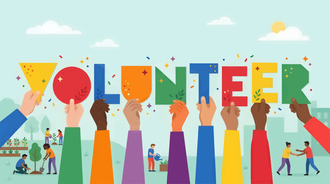 Diverse Hands Hold Up Colorful 'VOLUNTEER' Letters, Community Gardening Scene Below, Flat Design Illustration