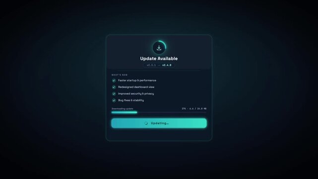 Software update interface with download progress bar and version upgrade completion screen