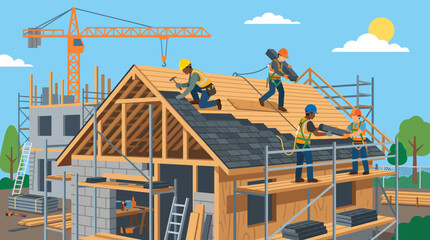 Naklejka premium Construction workers building a house roof.