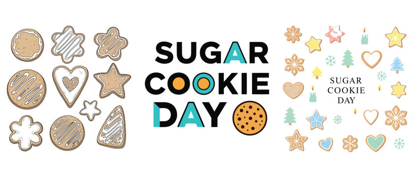 Sugar cookie day greeting card design with various festive cookie shapes and typography vector t shirt