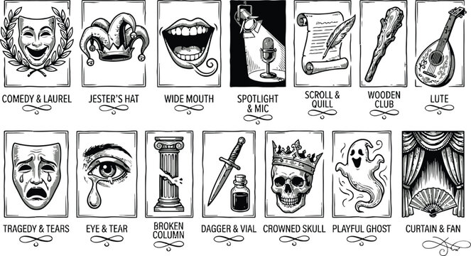 Artistic: Renaissance and Shakespearean performing arts sketch-style cards vectort