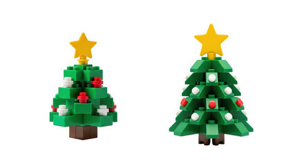 Naklejka premium Two small decorative christmas trees made of plastic building blocks isolated on transparent background