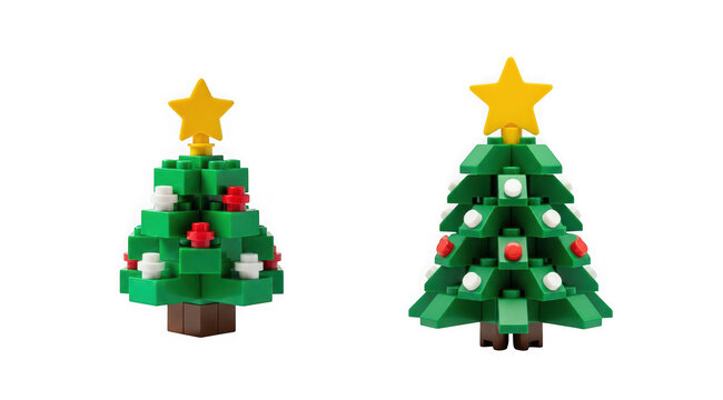 Two small decorative christmas trees made of plastic building blocks isolated on transparent background