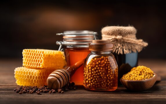 Natural Honey and Bee Products Collection with Honeycomb and Propolis