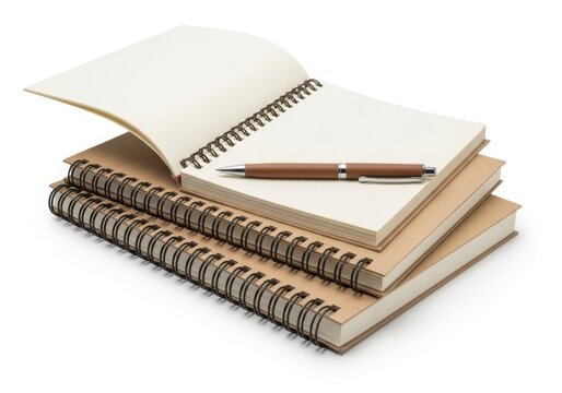 Stack of spiral bound notebooks and pen on white background