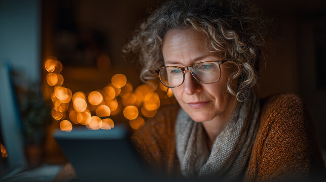  Woman using branded e-reader at home office, ideal for digital publishing and smart tech branding.
