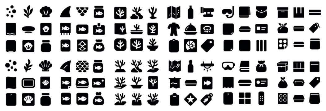 underwater and ocean life design icons with fish, coral, shell and shark fin for web interface design in solid monochrome style