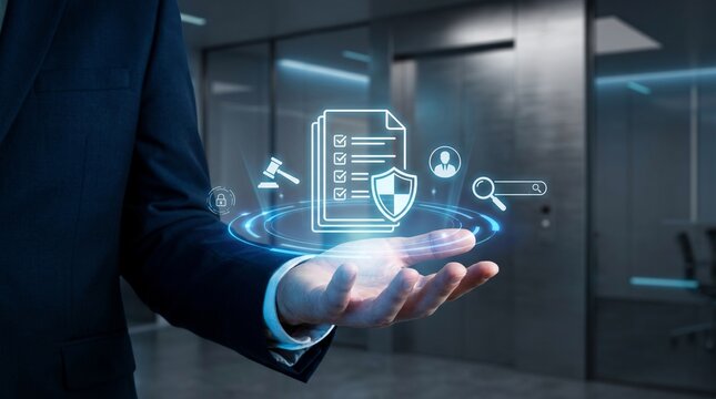 Corporate executive presenting digital legal compliance hologram with document and shield icons for enterprise risk management and data security solutions in professional office