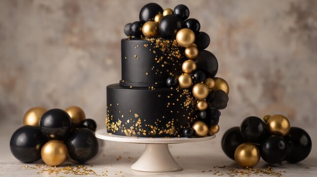 Elegant two-tier black birthday cake surrounded by matching black balloons and shimmering golden confetti in a stylish luxury birthday celebration setup with festive party background and copy space fo