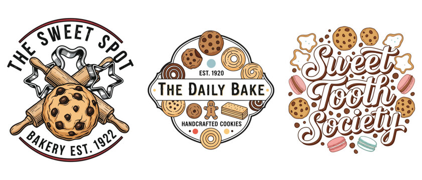 Set of three vintage bakery and cookie shop logos with handdrawn illustrations of cookies, rolling pins, and confectionery items vector t shirt