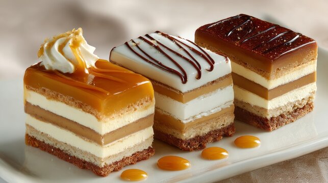 Close-up appetizing layered caramel cake slices with rich creamy caramel filling, soft sponge texture, and elegant bakery-style dessert presentation highlighting indulgent sweet layers and smooth fros