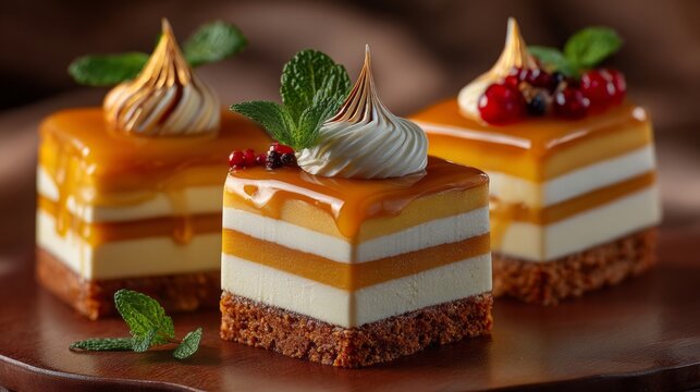Close-up appetizing layered caramel cake slices with rich creamy caramel filling, soft sponge texture, and elegant bakery-style dessert presentation highlighting indulgent sweet layers and smooth fros