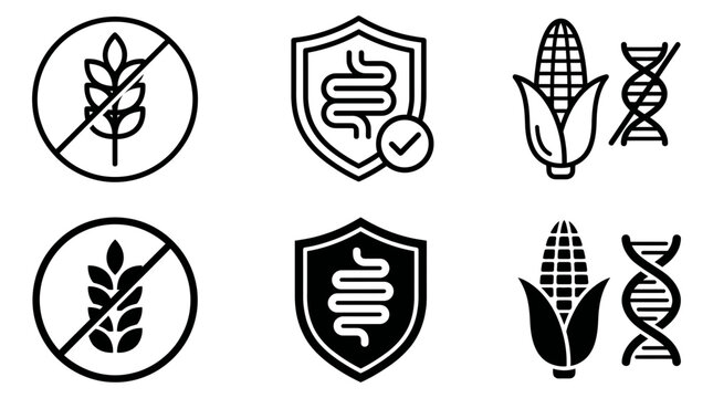 Healthy diet and biotechnology concept icon set with digestion genetics nutrition protection healthcare wellness
