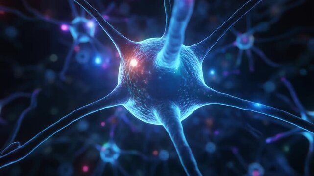 Microscopic 3D rendering of glowing blue neurons and synapses firing in the human brain network.