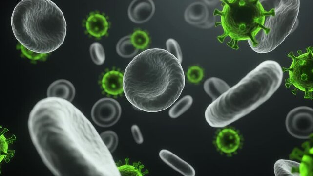 Microscopic 3D rendering of green virus particles spreading among blood cells in the human bloodstream.