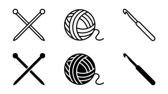 Knitting needles yarn ball and crochet hook icons set with knitting accessory handmade material needlework activity