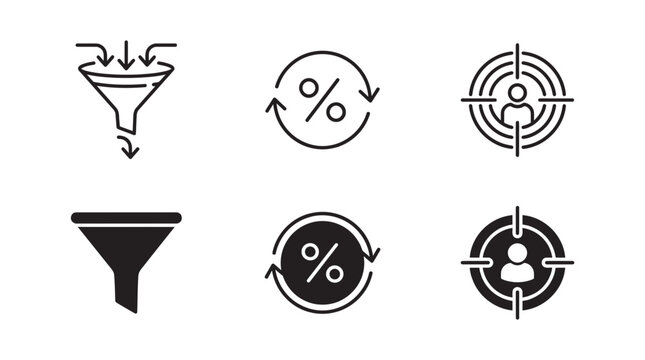 Business marketing funnel and target conversion optimization icons set with marketing conversion business percentage