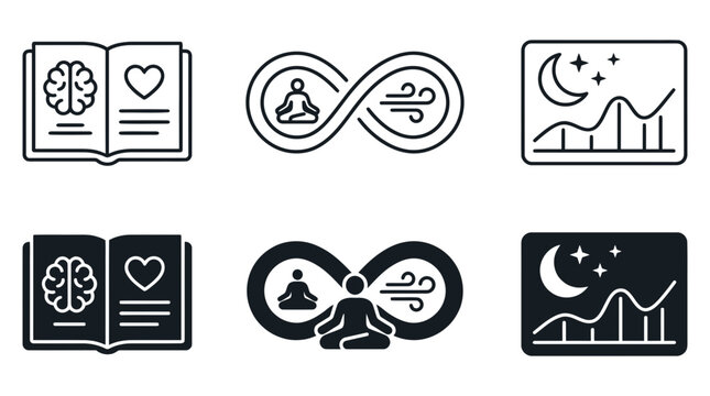 Mindfulness and wellness infographic icons set for mental health with mindfulness meditation wellness infinity