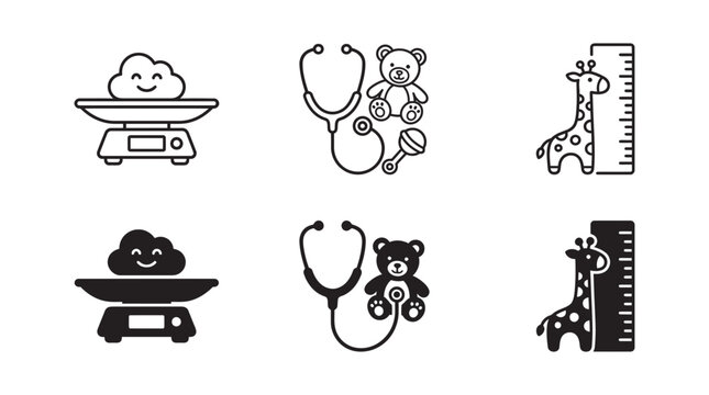 Pediatric health checkup and growth tracking icons including stethoscope scale and giraffe height chart with pediatric