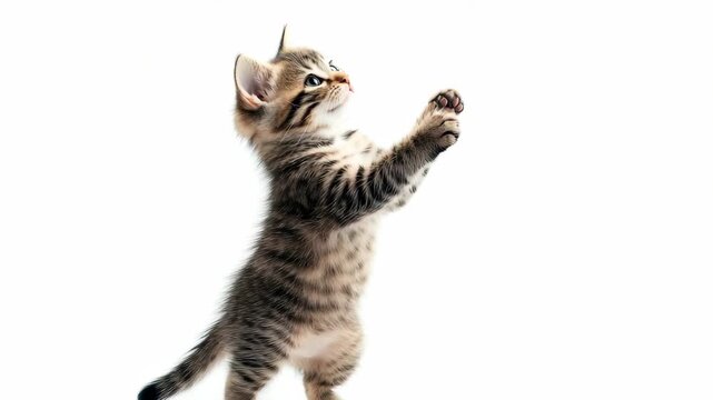 This image portrays a cute tabby kitten standing upright on a bright, white background. The feline's focus is upwards, paws raised in anticipation of play or catching a potential prey.