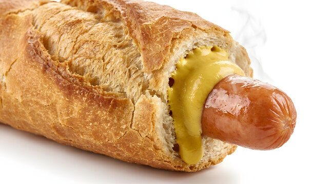Classic Czech street food P&aacute;rek v rohl&iacute;ku with mustard, isolated on a bright white background for easy extraction