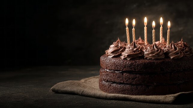 festive birthday cake with glowing candles on a dark background and empty copy space for personalized message, celebration greeting or party invitation text design with moody lighting and elegant mini
