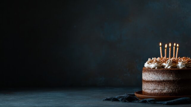 festive birthday cake with glowing candles on a dark background and empty copy space for personalized message, celebration greeting or party invitation text design with moody lighting and elegant mini