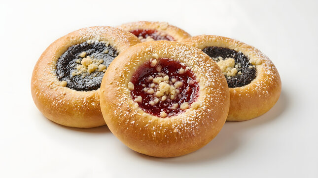 Traditional sweet Czech Kolache pastry filled with fruit jam and poppy seeds, isolated on a pristine white background