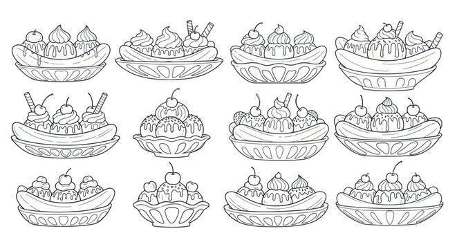 Banana split and ice cream sundae coloring page collection
