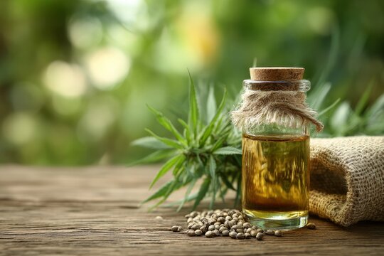 Hemp Seed Oil Bottle With Rustic Natural Setting
