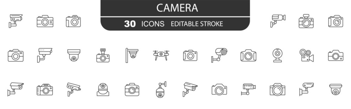 Camera icons. Cctv icon. Security camera vector set. Drone, photo camera, webcam.  Editable Stroke.