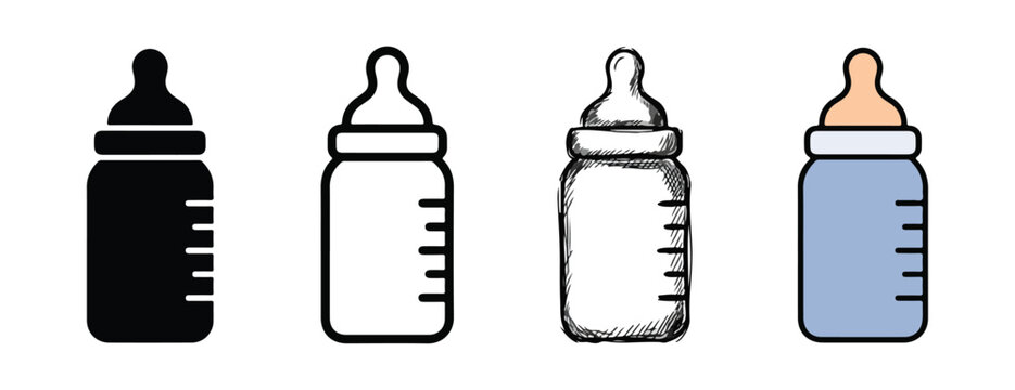 baby bottles for feeding infants  various illustrations of bottles with nipples for newborns and toddlers  different designs and colors