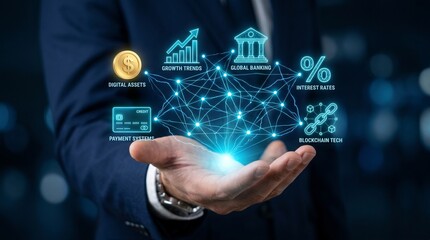 Fototapeta premium Businessman holding a digital network of financial icons representing modern banking, digital assets, and blockchain technology concepts
