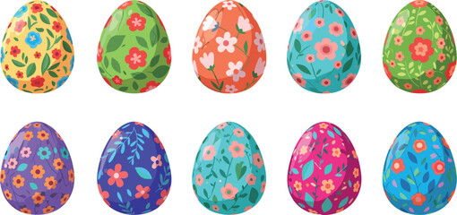 Decorated Easter Eggs Vector Illustration Collection Featuring Various Colorful Floral Seamless Patterns and Botanical Textures for Spring Holiday Greetings © Siddika