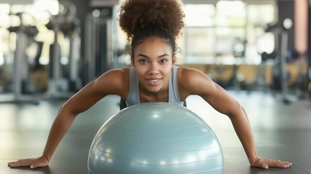 A smiling woman does push-ups on a fitness ball in a gym. She's wearing workout gear and looks energetic. The gym background shows equipment and mirrors, indicating a focus on fitness.