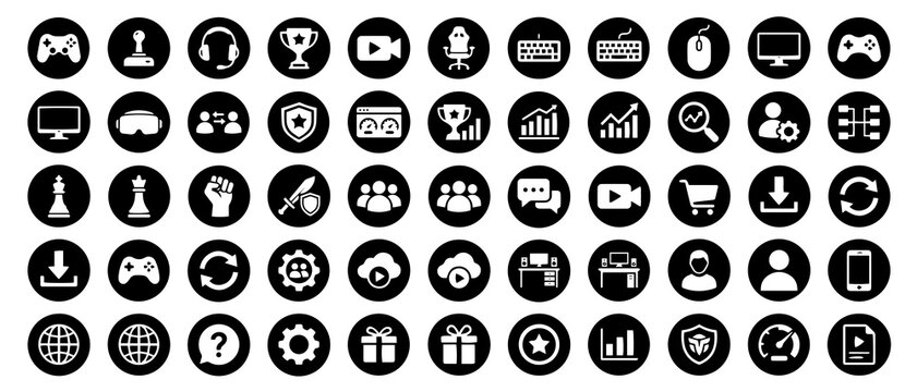 Gaming, esports, and digital entertainment set featuring controllers, trophies, live streaming, and performance analytics symbols