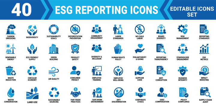 Esg reporting icons solid icon set collection for sustainable business practices