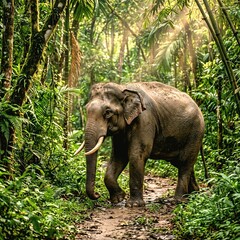 Fototapeta premium Asian Elephant Walking Through Tropical Forest