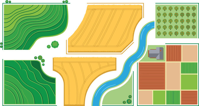 Farmland Map Element Vector Set with Aerial View Rice Terraces Wheat Fields River Orchard and Farmhouse Patchwork Designs