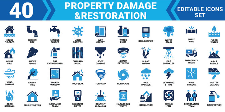 Property damage restoration icon set 40 editable vector illustrations for disaster recovery