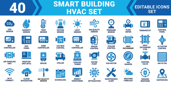 Smart building hvac editable vector icon set 40 solid icons for heating ventilation and air conditioning systems