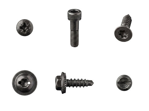 Close-up photograph of various hex and Torx head screws, precisely isolated on a transparent background.